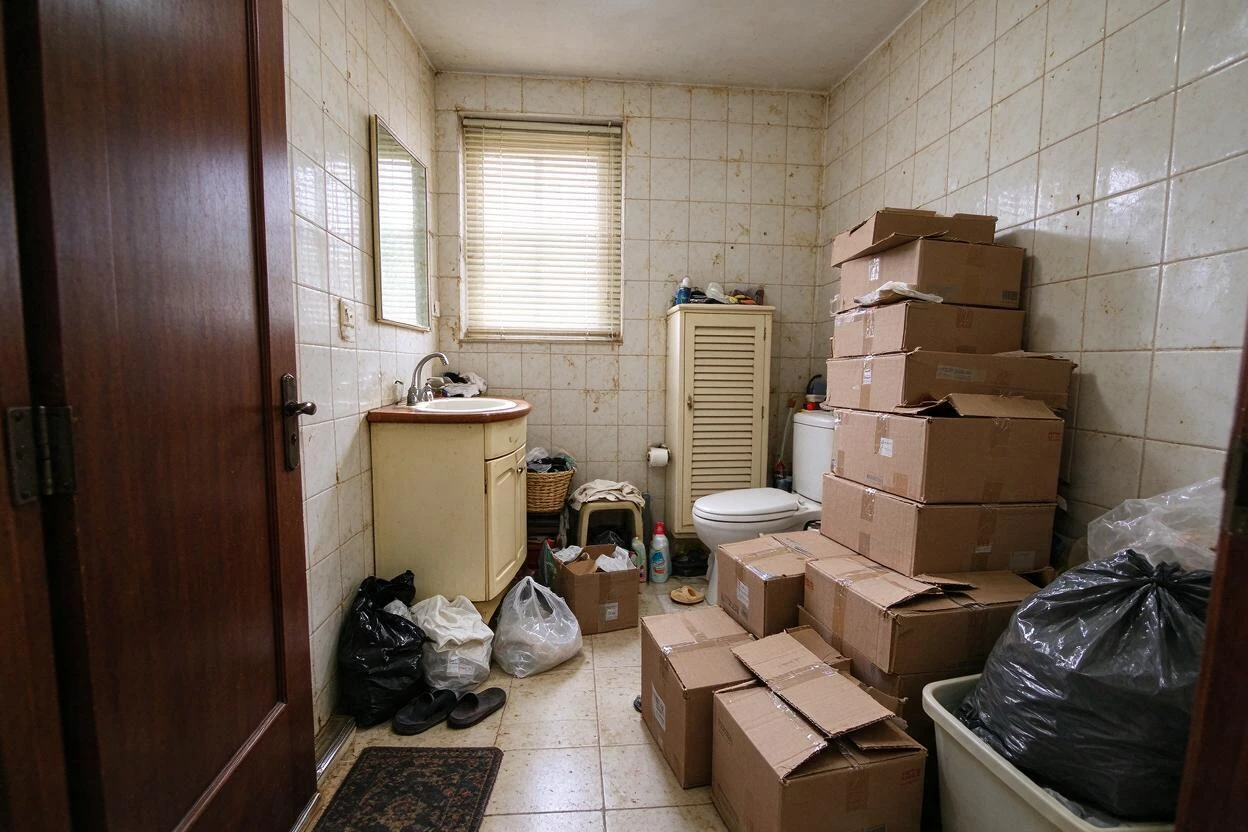 Clutter removal and restaging before and after: a crowded bathroom decluttered to a clean, spa-like finish (before photo)