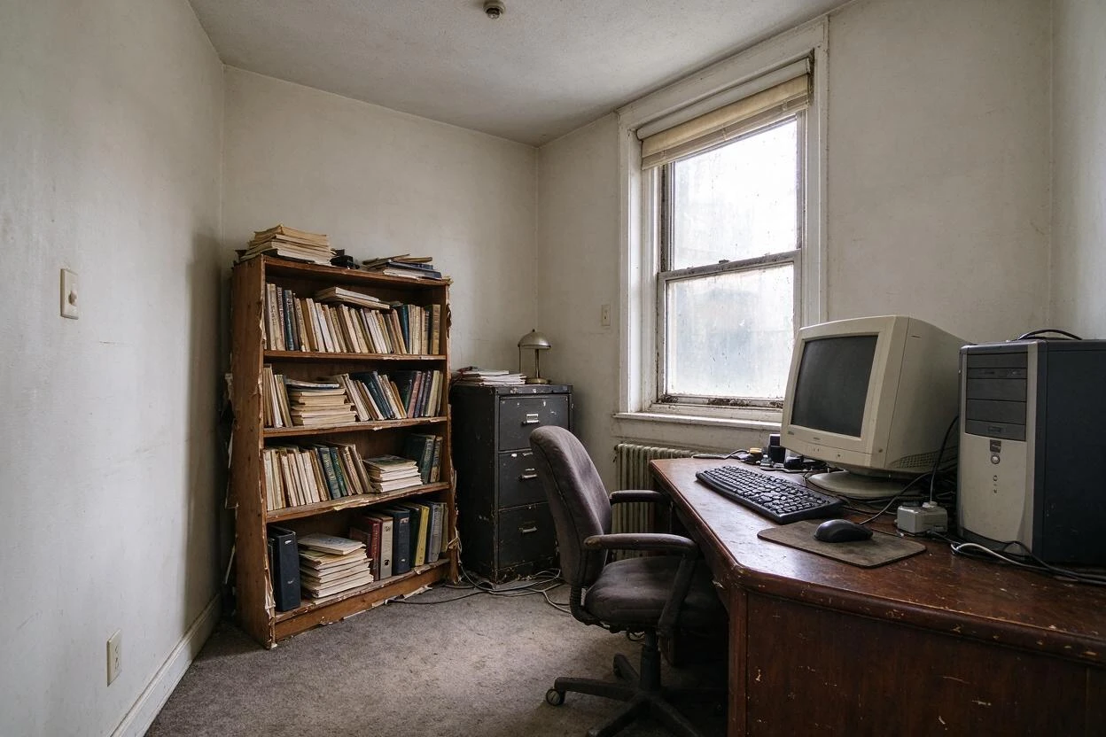 Home office redesign before and after: swapping bulky, dated furniture for a clean, productive setup (before photo)