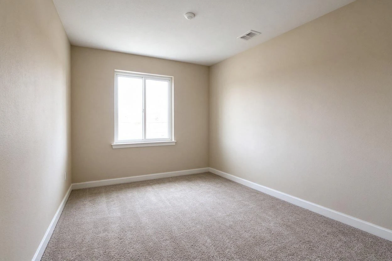 Virtual renovation before and after: a builder-grade home office upgraded with built-ins and warm materials (before photo)