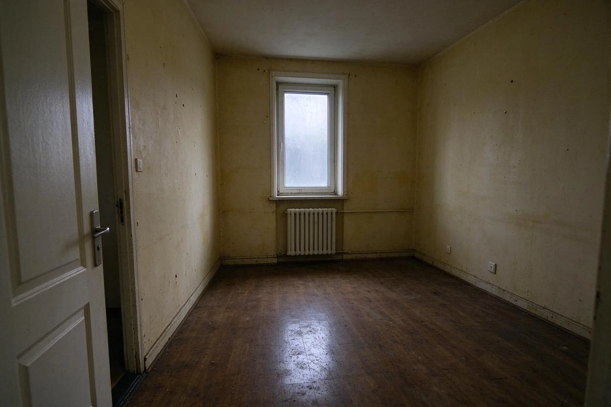 Before and after photo enhancement: a dark, tired home office corrected to a bright, neutral workspace (before photo)