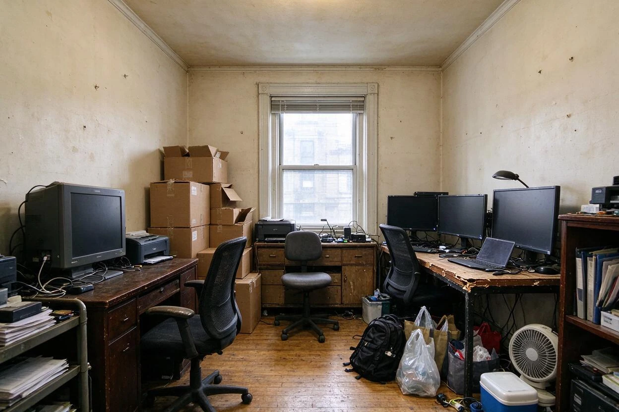 Clutter removal and restaging before and after: a chaotic home office cleared into an organized, focused setup (before photo)