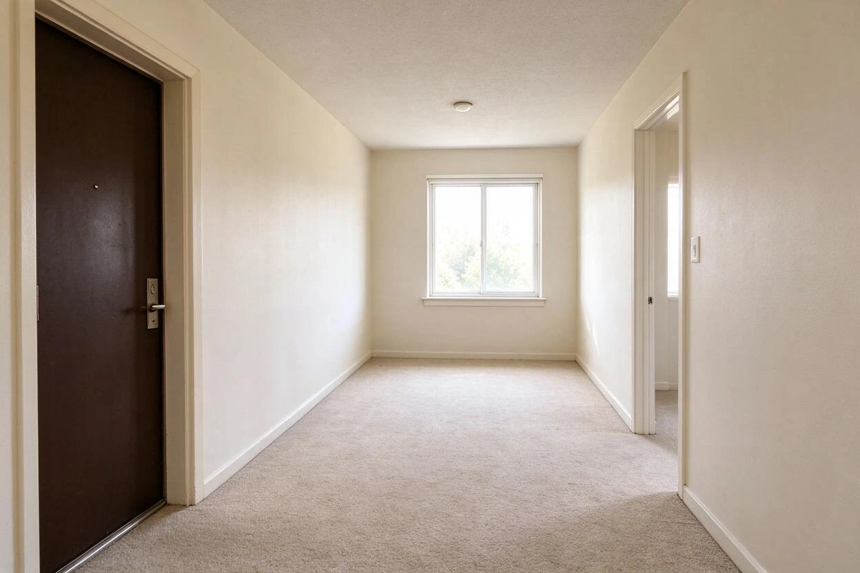 Virtual staging before and after: an empty entryway staged into a welcoming first impression with a console and mirror (before photo)