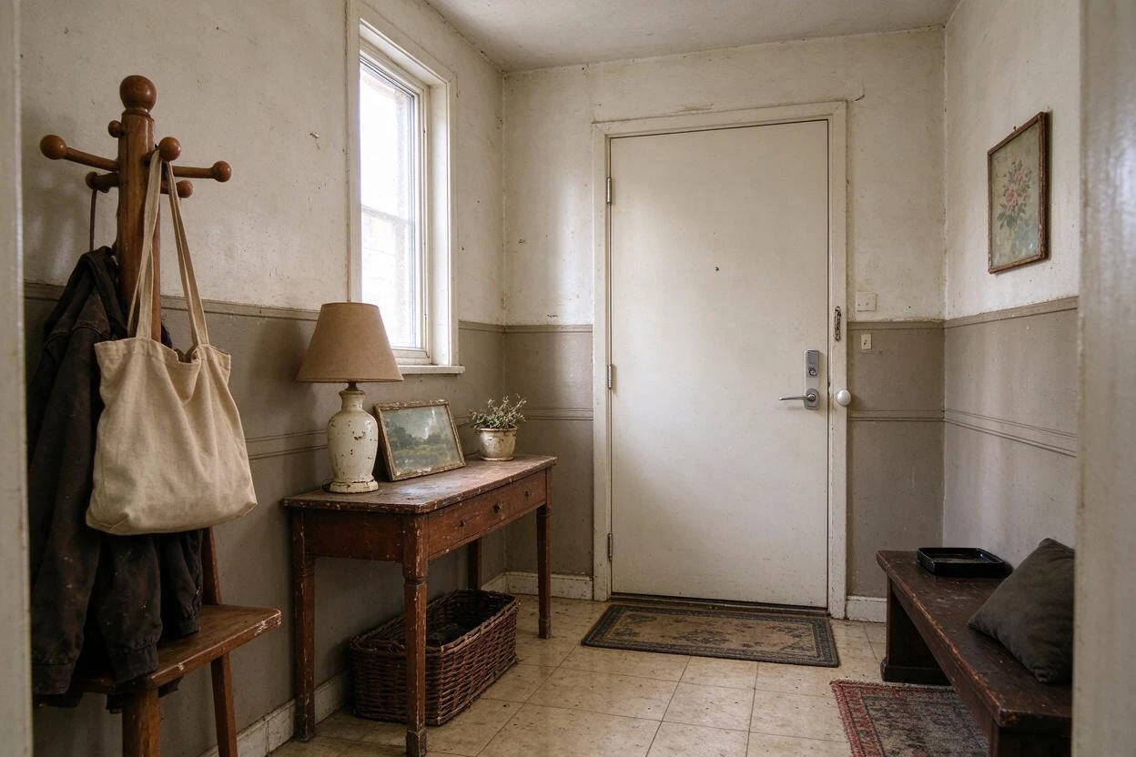 Entryway redesign before and after: a dated foyer restyled with a modern console, mirror, and lighting (before photo)