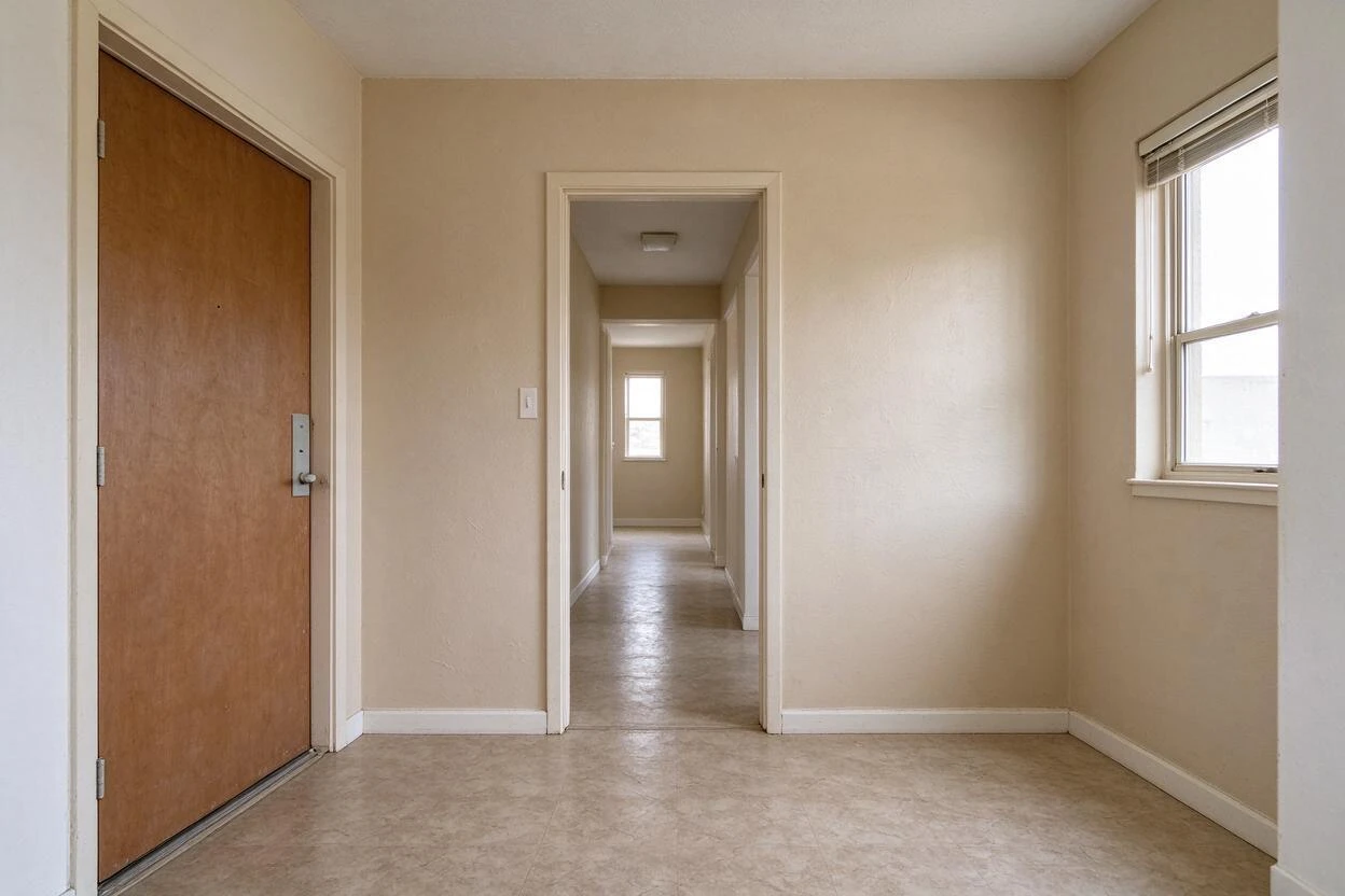 Virtual renovation before and after: a plain builder-grade entry upgraded with storage, lighting, and finish details (before photo)