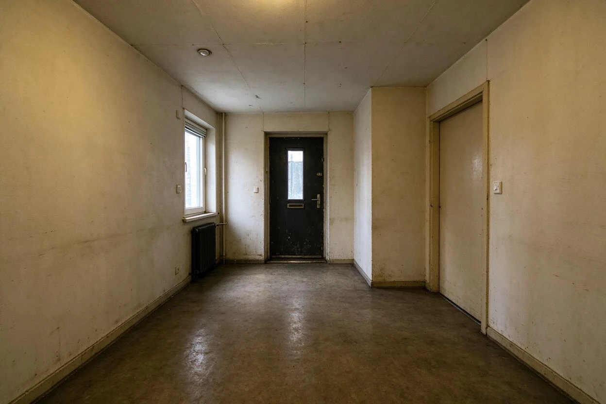 Before and after photo enhancement: a shadowy, scuffed entryway lifted to bright and welcoming (before photo)