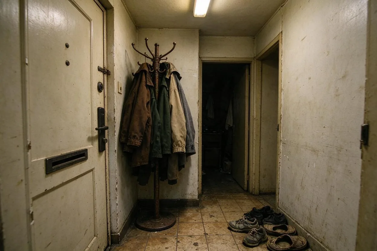 Clutter removal and restaging before and after: a crowded entryway cleared into a tidy, welcoming drop zone (before photo)