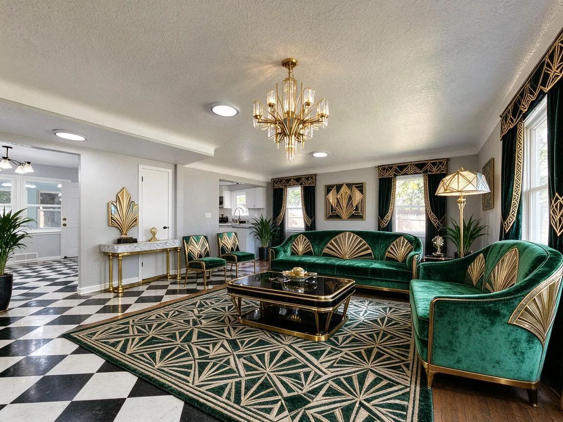 The same living room re-imagined in Art Deco β drag to compare. after