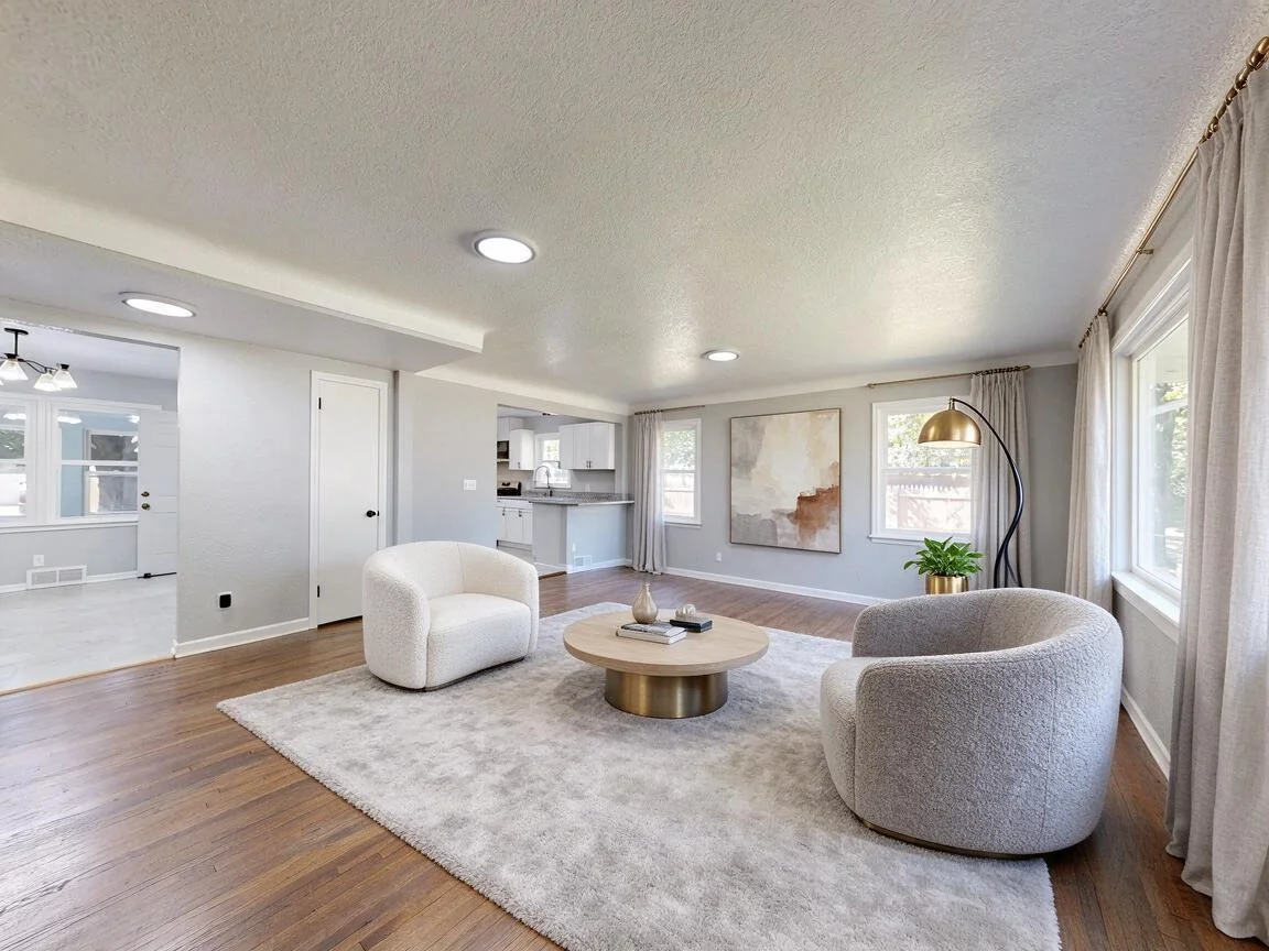 The same living room re-imagined in Contemporary β drag to compare. after