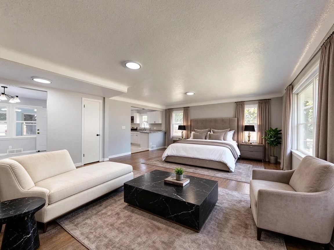 The same living room re-imagined in Hotel β drag to compare. after