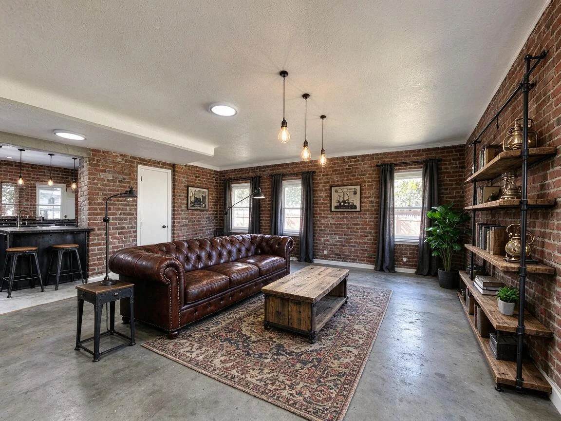 The same living room re-imagined in Industrial β drag to compare. after