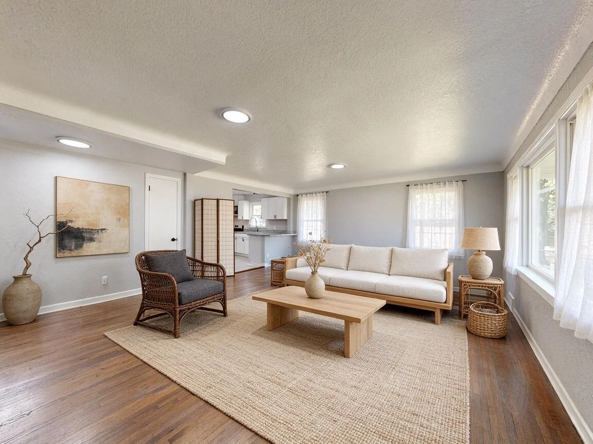 The same living room re-imagined in Japandi β drag to compare. after