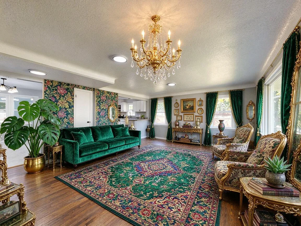 The same living room re-imagined in Maximalist β drag to compare. after