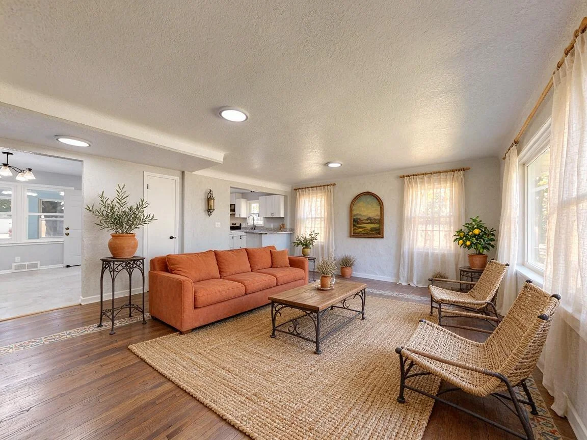 The same living room re-imagined in Mediterranean β drag to compare. after