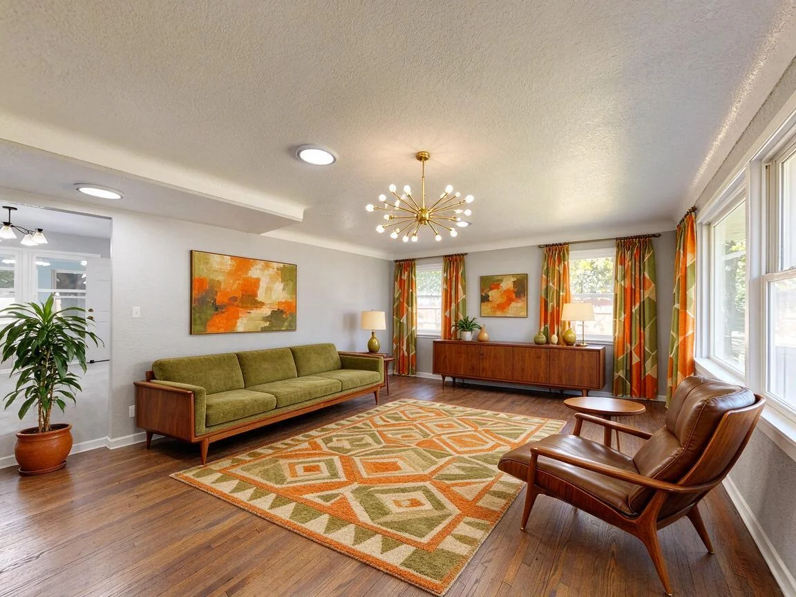 The same living room re-imagined in Mid Century β drag to compare. after