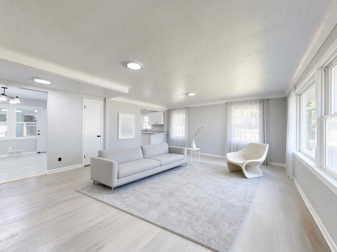 The same living room re-imagined in Minimalist β drag to compare. after