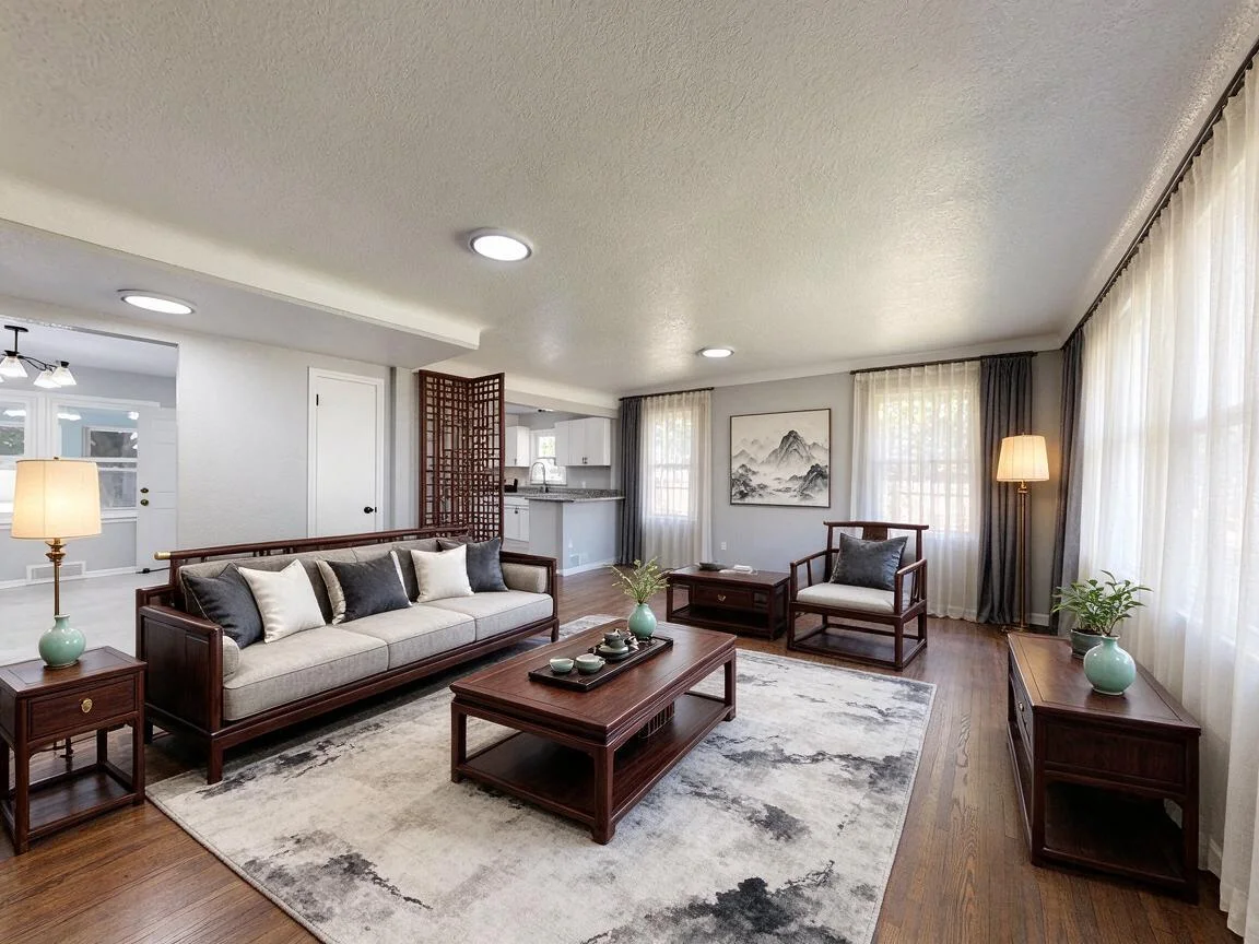 The same living room re-imagined in Modern Chinese — drag to compare. after