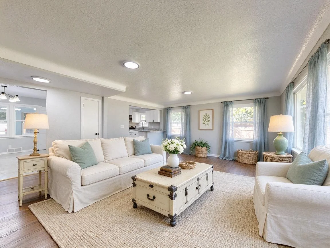 The same living room re-imagined in Modern Country β drag to compare. after