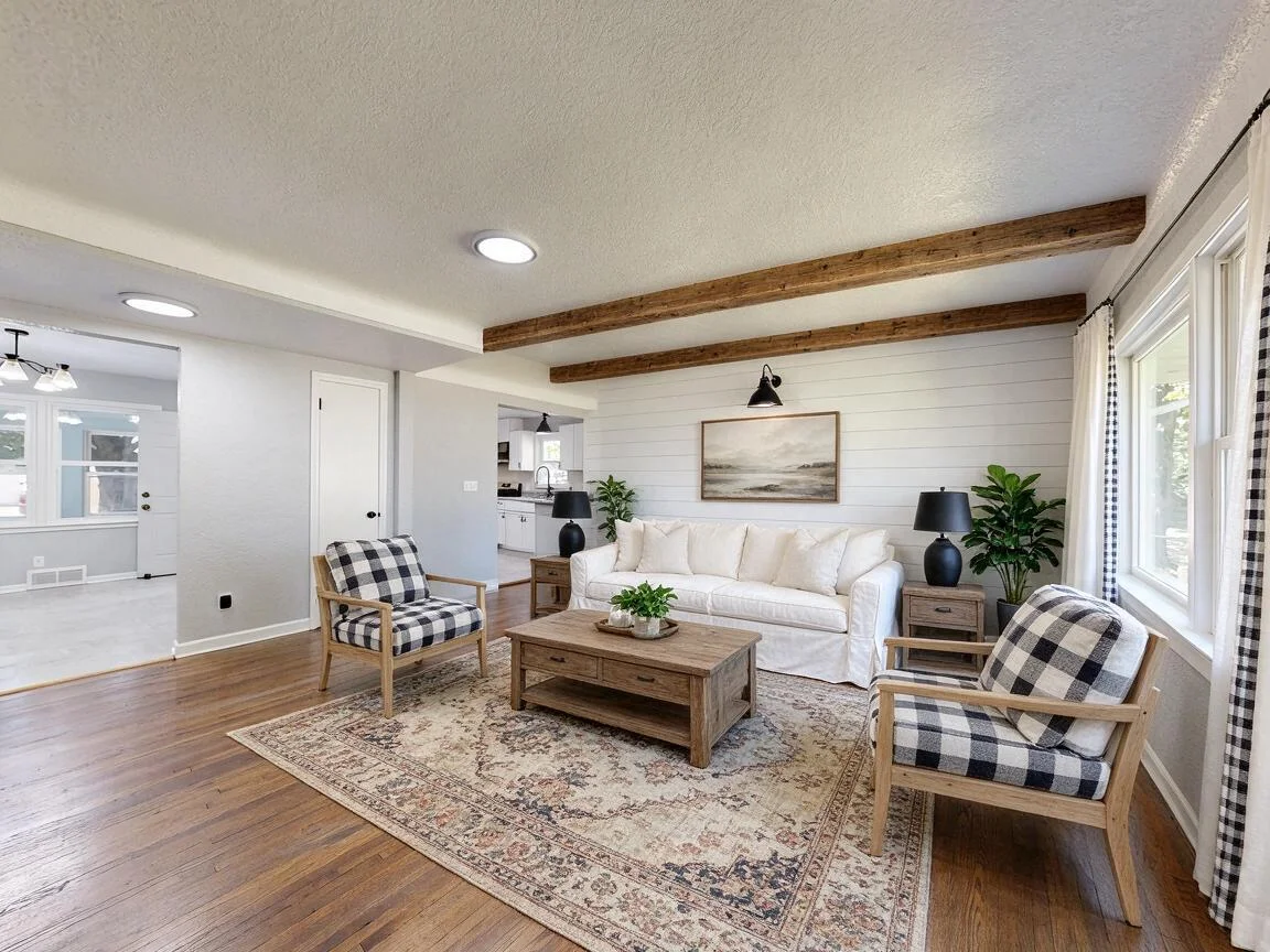The same living room re-imagined in Modern Farmhouse β drag to compare. after