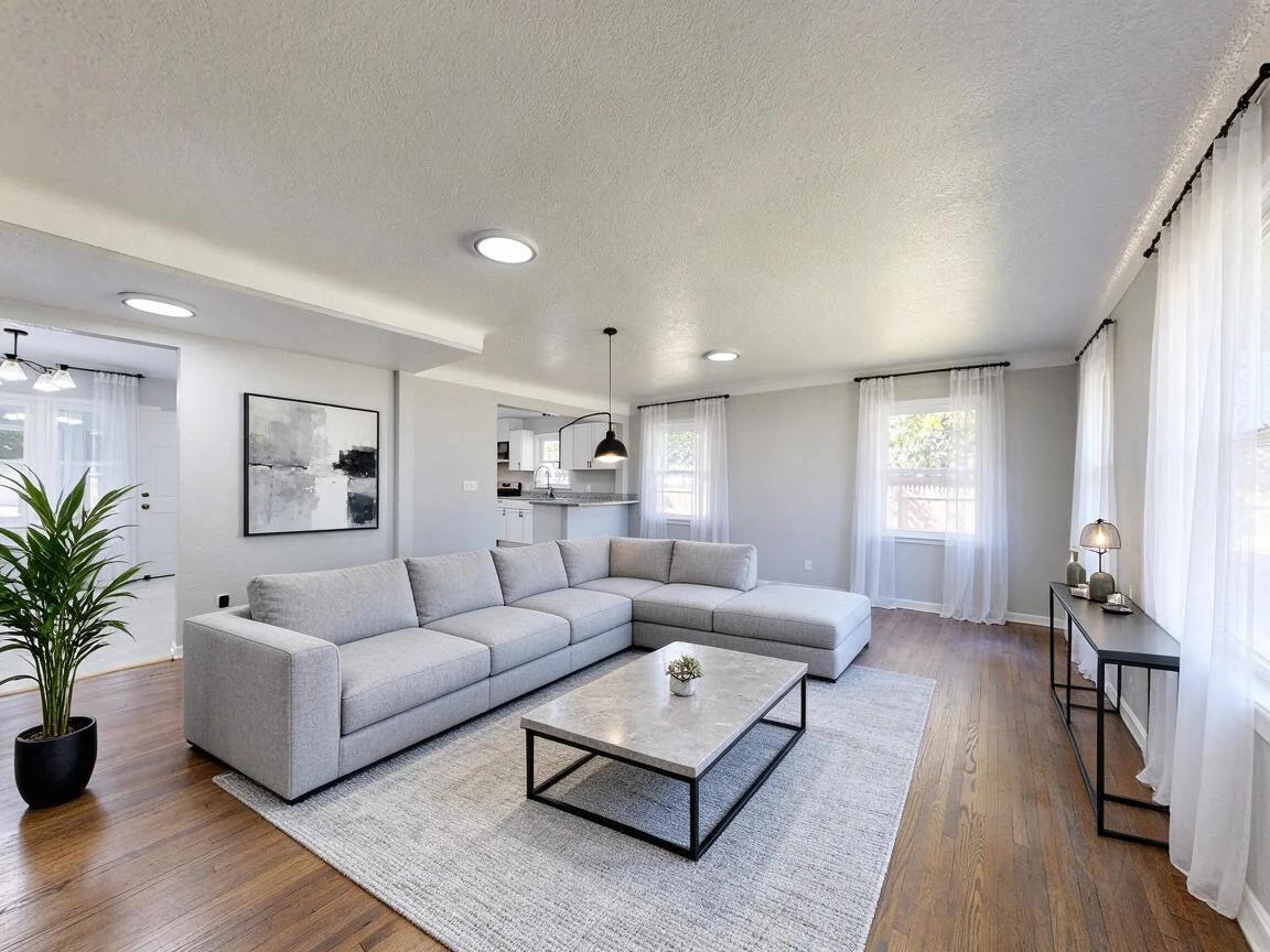 The same living room re-imagined in Modern β drag to compare. after