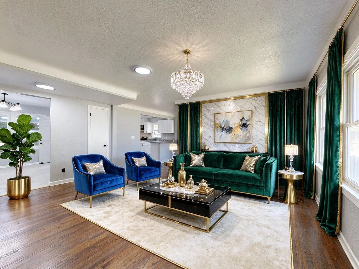 The same living room re-imagined in Modern Luxury β drag to compare. after