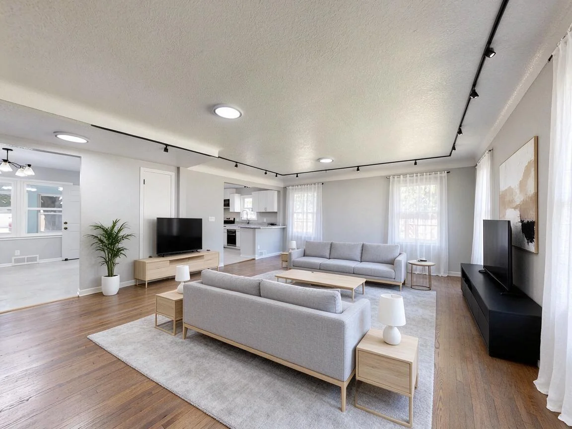 The same living room re-imagined in Modern Minimalist β drag to compare. after