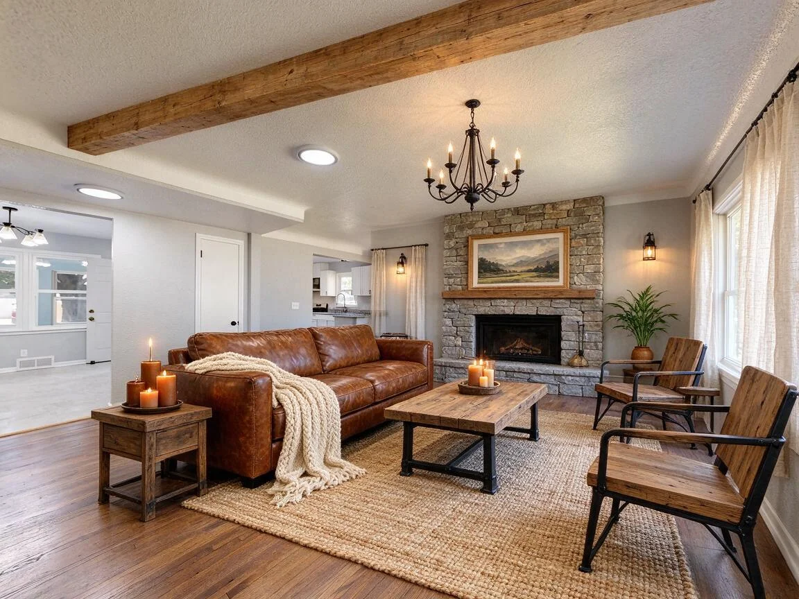 The same living room re-imagined in Modern Rustic β drag to compare. after