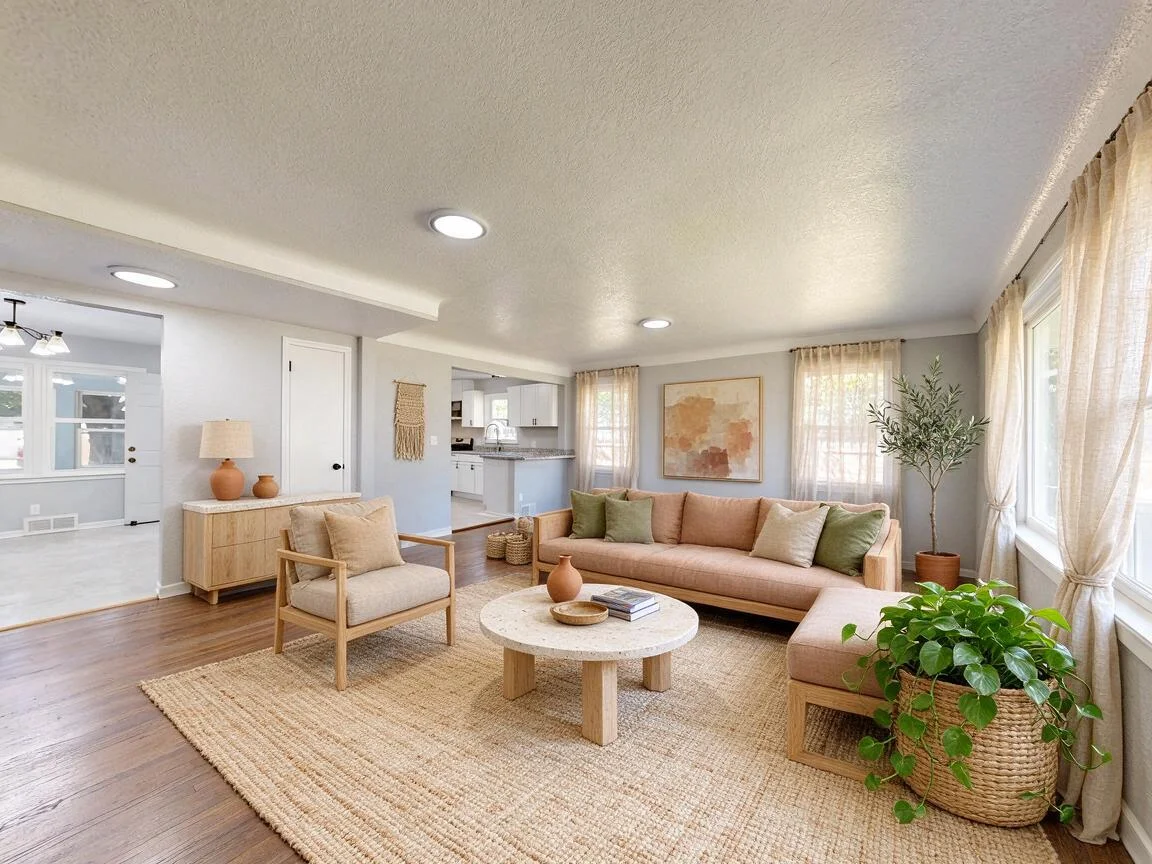 The same living room re-imagined in Natural β drag to compare. after
