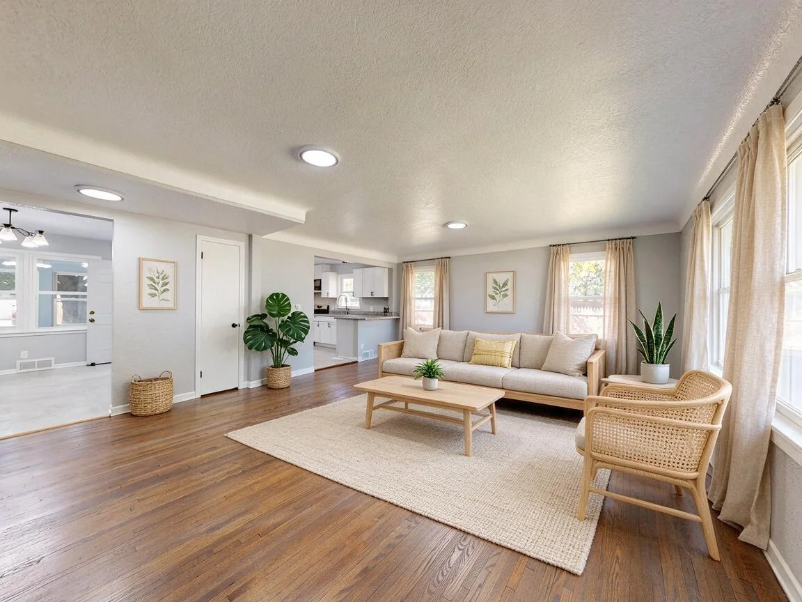 The same living room re-imagined in Natural Wood β drag to compare. after
