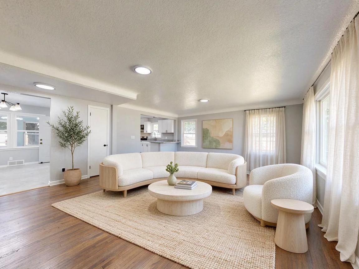 Dieselbe Wohnzimmer im Organisch-modern-Stil — zum Vergleichen ziehen. after