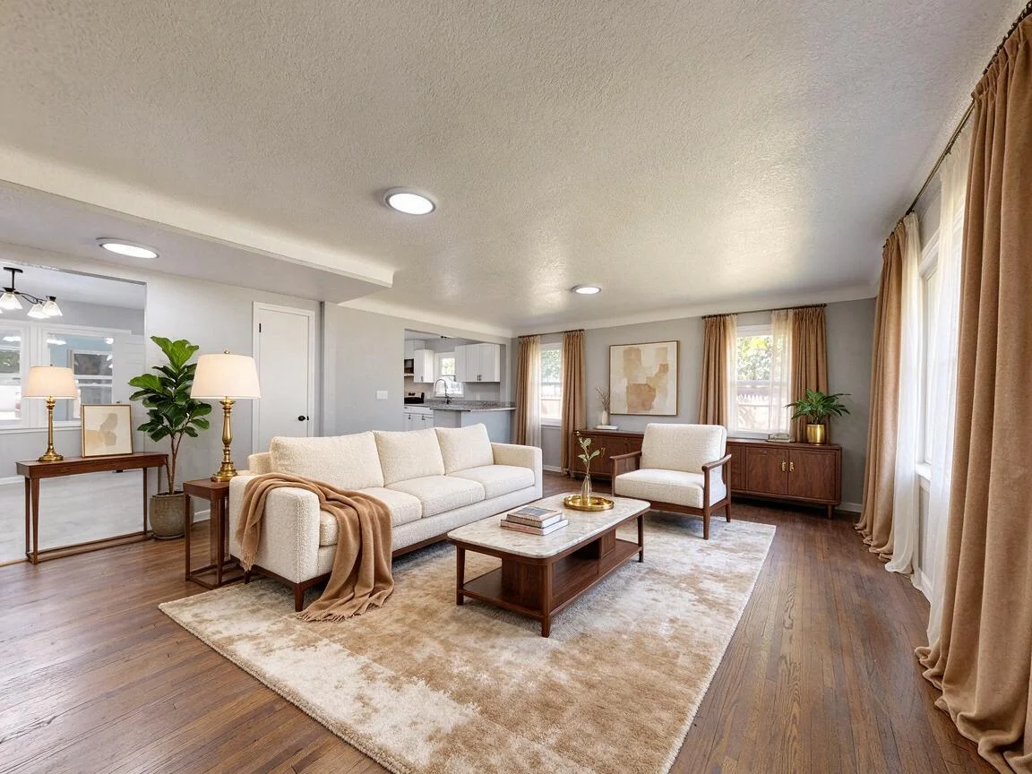 The same living room re-imagined in Quiet Luxury β drag to compare. after