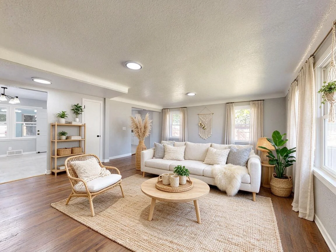 The same living room re-imagined in Scandi Boho β drag to compare. after
