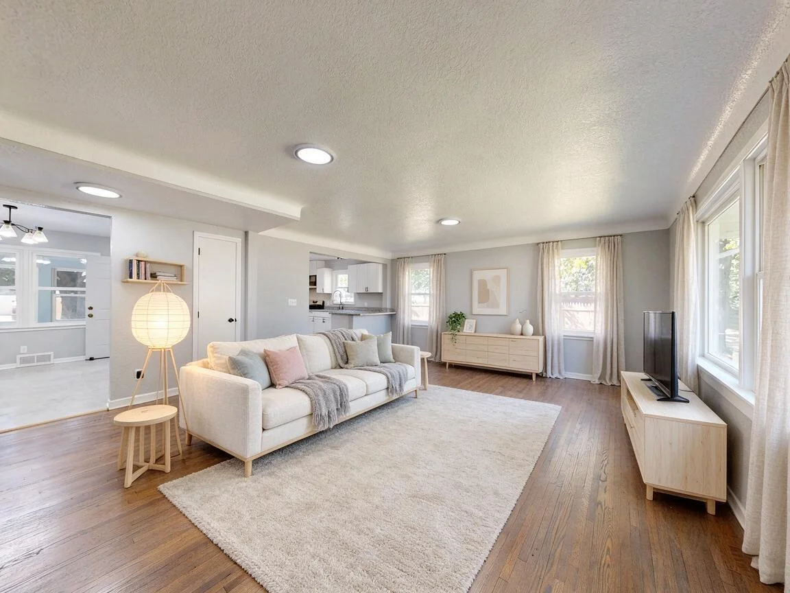 The same living room re-imagined in Scandinavian β drag to compare. after
