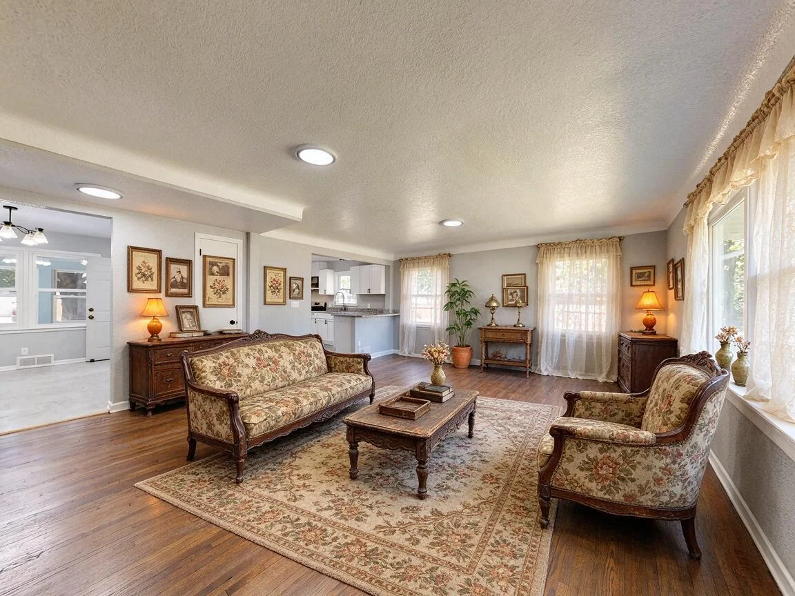 The same living room re-imagined in Vintage β drag to compare. after
