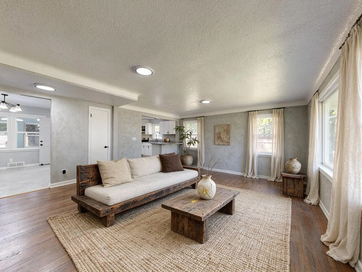 The same living room re-imagined in Wabi Sabi β drag to compare. after